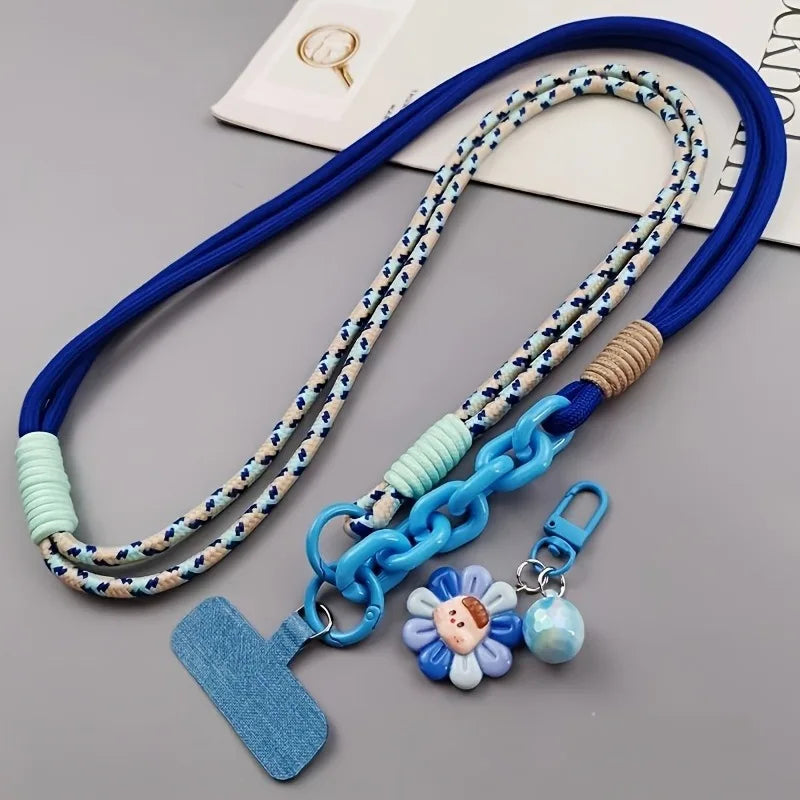 Fashion Colorful Phone Lanyard Crossbody Braided Rope Shoulder Strap Neck Multi-Functional Anti-Loss Strap With Flower Pendant