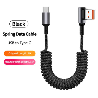 90 Degree Coiled USB-A to USB C Cable Stretchable Braided Fast Charging Charging Cord, Compatible with Samsung Galaxy，iPhone 16