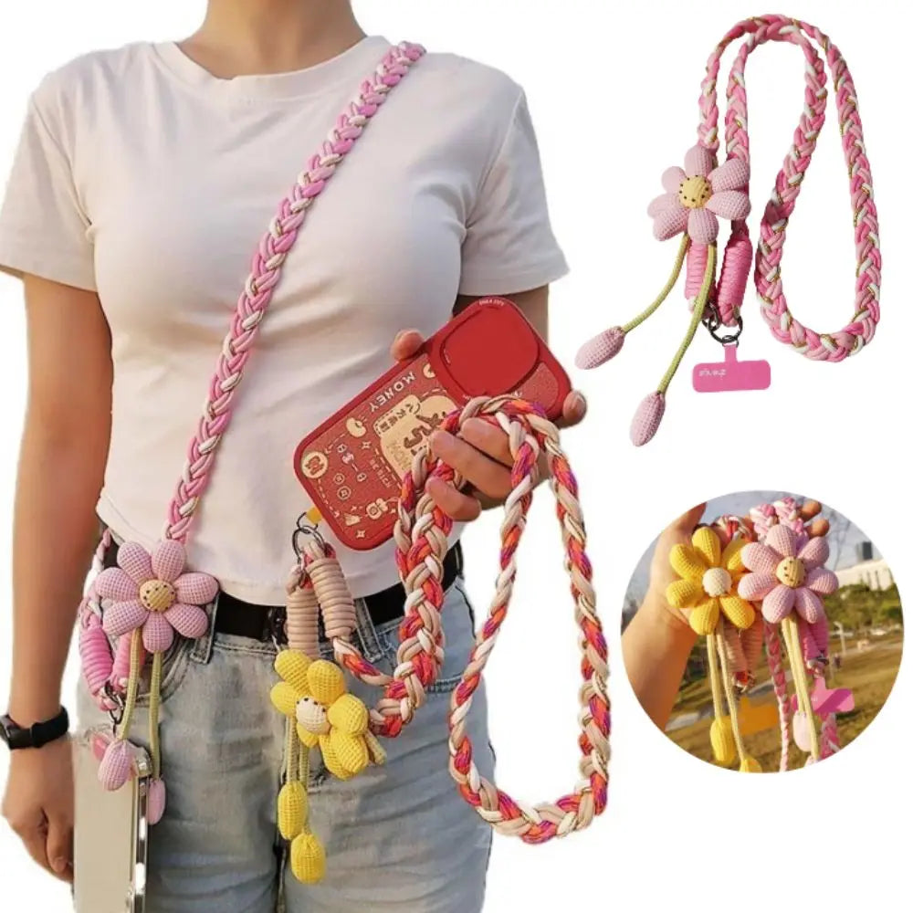 Detachable Flowers Phone Lanyard Crossbody Phone Charm Phone Woven Chain Neck Clip Long Cell Phone Strap Outdoor Activity