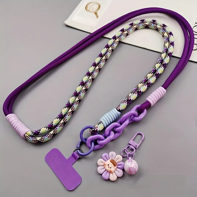 Fashion Colorful Phone Lanyard Crossbody Braided Rope Shoulder Strap Neck Multi-Functional Anti-Loss Strap With Flower Pendant
