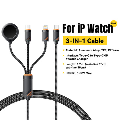 Essager 100W 3 in 1 USB C Charging Cable for Apple iWatch iPhone With Type C Lighting Multi-Charging Cable Magnetic Watch Charge