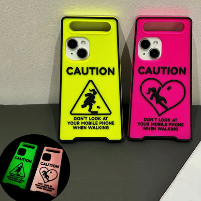 3D Funny Warmly Caution Sign Phone Case for iPhone 12 13 14 15 16 Pro Max Billboard Night Light Luminous Neon Color Soft Cover