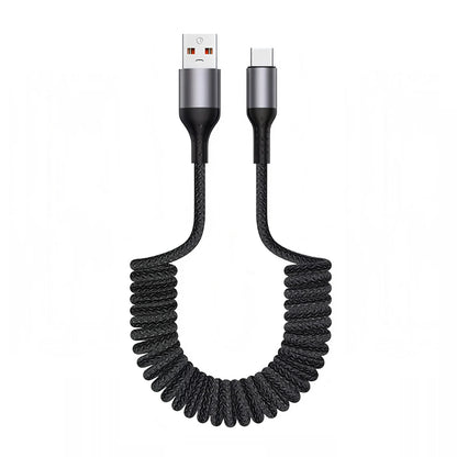 90 Degree Coiled USB-A to USB C Cable Stretchable Braided Fast Charging Charging Cord, Compatible with Samsung Galaxy，iPhone 16