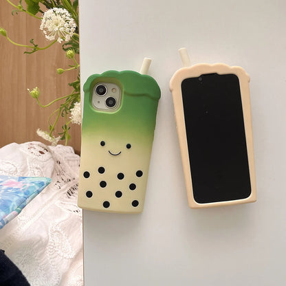 Cute 3D Smile Pearl Milk Tea Cup Phone Case for iPhone 16 Plus 16e 15 14 13 12 Pro Max Shock Proof Soft Silicone Back Cover