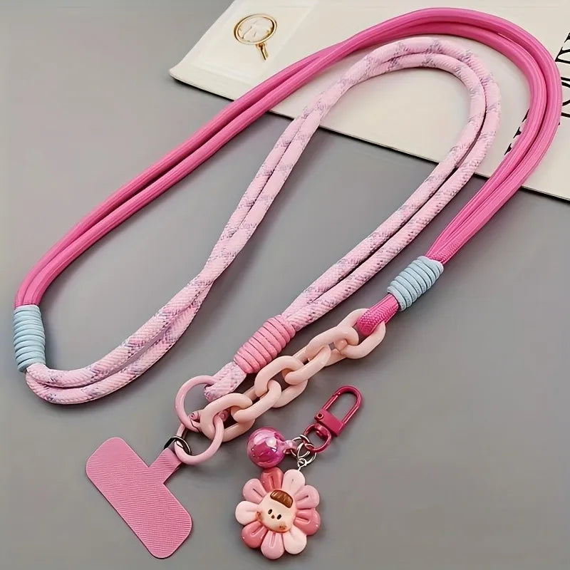 Fashion Colorful Phone Lanyard Crossbody Braided Rope Shoulder Strap Neck Multi-Functional Anti-Loss Strap With Flower Pendant