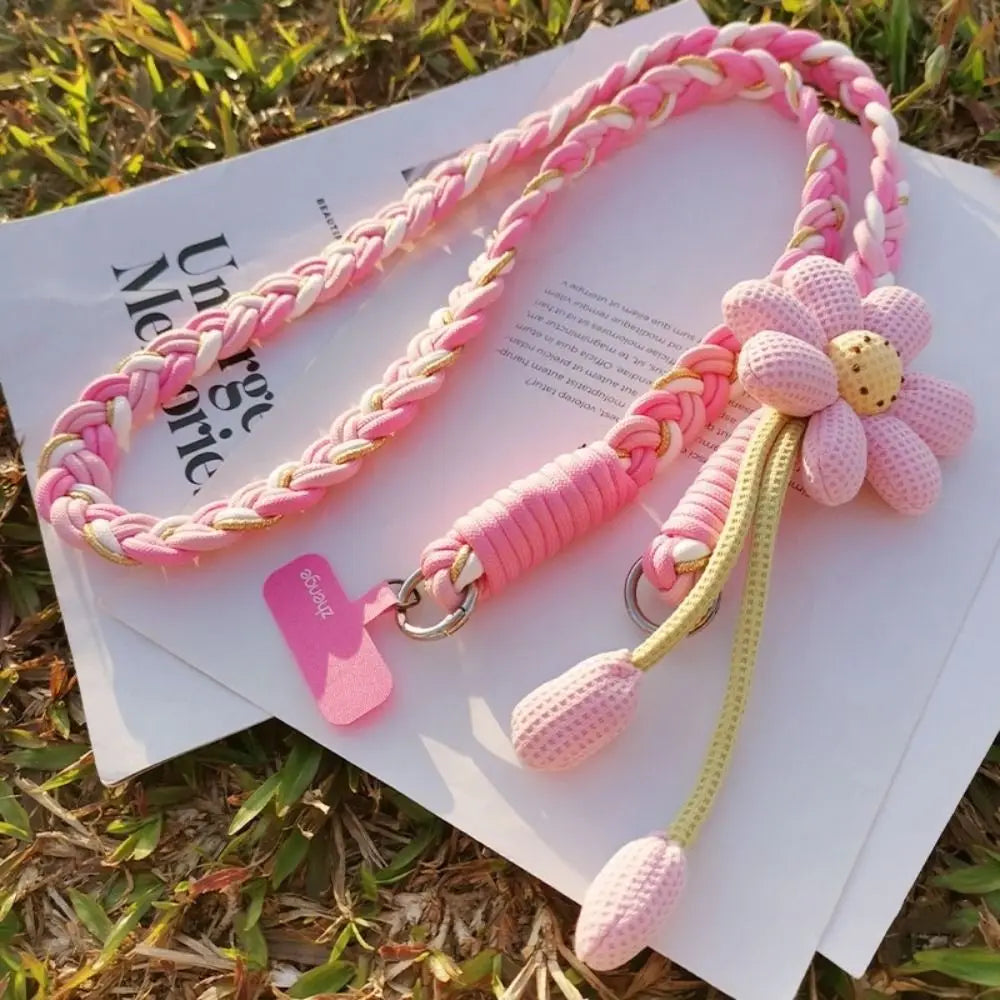 Detachable Flowers Phone Lanyard Crossbody Phone Charm Phone Woven Chain Neck Clip Long Cell Phone Strap Outdoor Activity