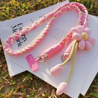 Detachable Flowers Phone Lanyard Crossbody Phone Charm Phone Woven Chain Neck Clip Long Cell Phone Strap Outdoor Activity