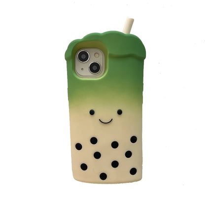 Cute 3D Smile Pearl Milk Tea Cup Phone Case for iPhone 16 Plus 16e 15 14 13 12 Pro Max Shock Proof Soft Silicone Back Cover