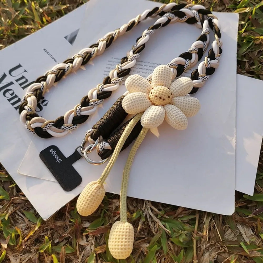 Detachable Flowers Phone Lanyard Crossbody Phone Charm Phone Woven Chain Neck Clip Long Cell Phone Strap Outdoor Activity