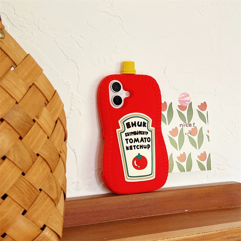 Funny 3D Cartoon Tomato Sauce Phone Case, Soft Silicone Case for iPhone 16 15 14 13 12 Pro Max Tomato