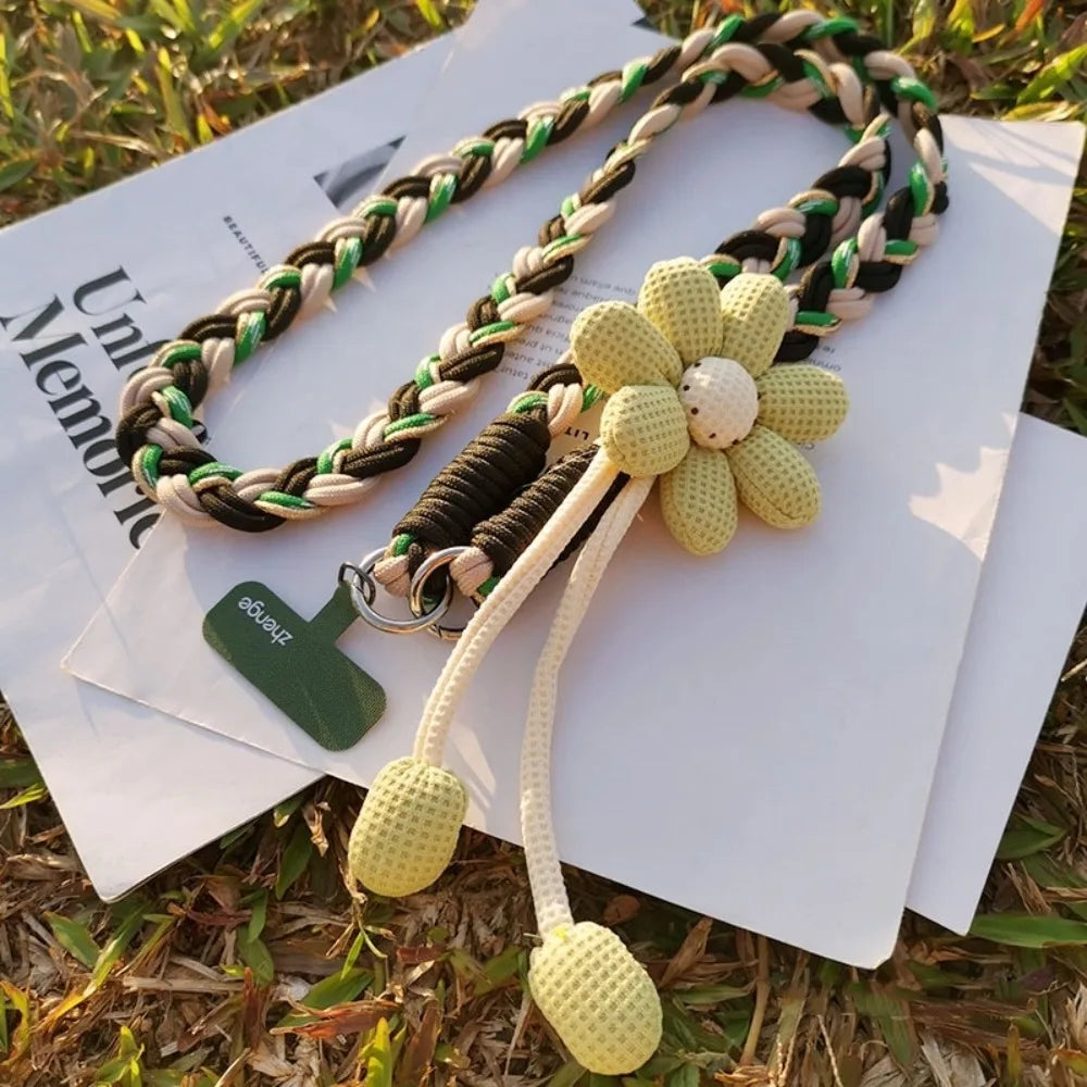 Detachable Flowers Phone Lanyard Crossbody Phone Charm Phone Woven Chain Neck Clip Long Cell Phone Strap Outdoor Activity