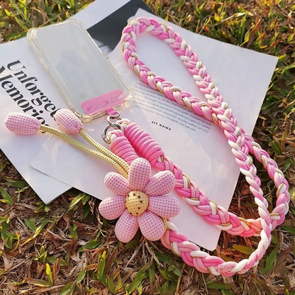 Detachable Flowers Phone Lanyard Crossbody Phone Charm Phone Woven Chain Neck Clip Long Cell Phone Strap Outdoor Activity