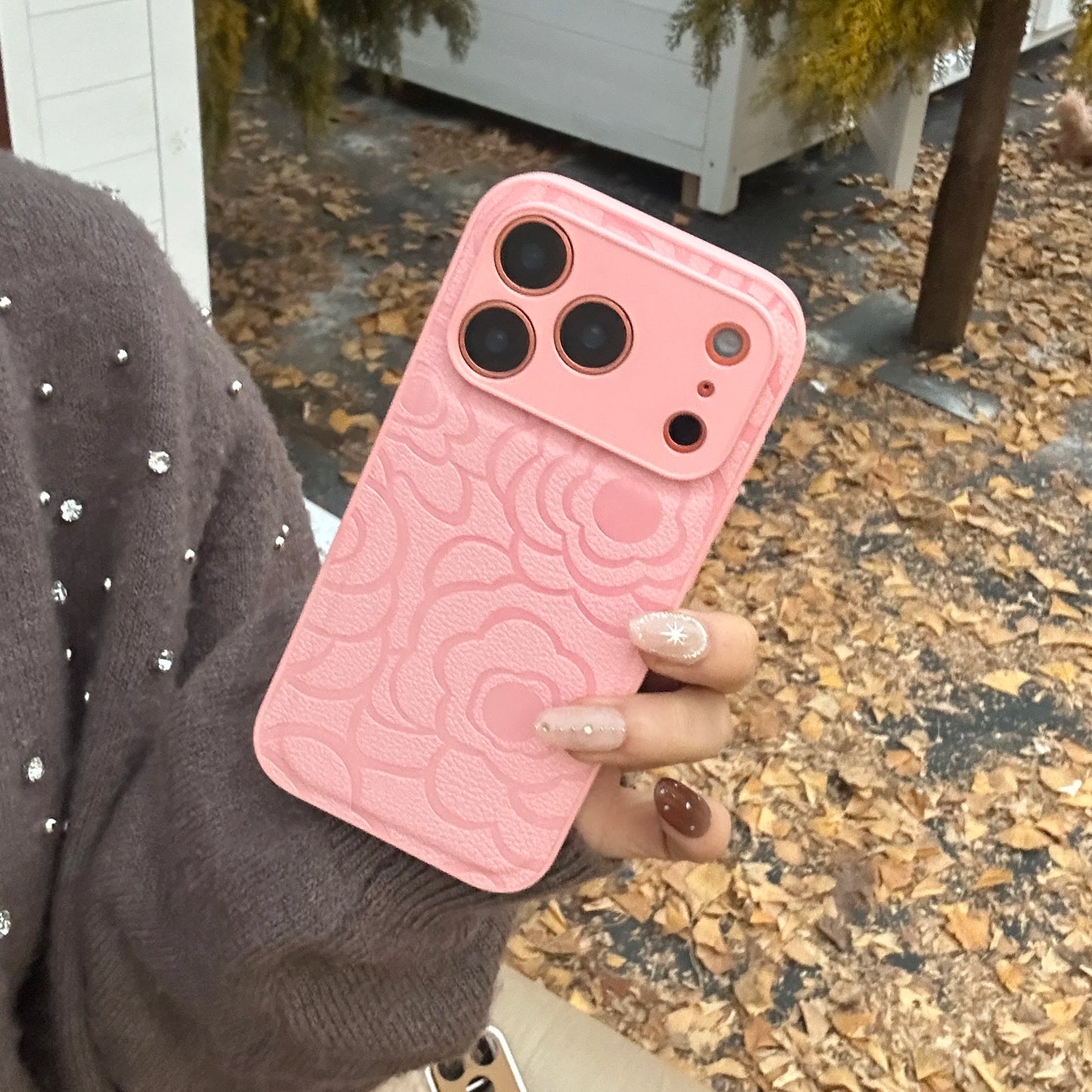 Camellia Flower Matte Leather Texture Phone Case For iPhone 17 Air 16 15 14 13 12 11 Plus Pro Max Shockproof Anti-Scratch Cover