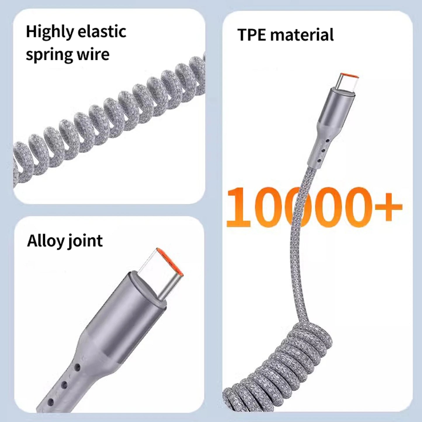 90 Degree Coiled USB-A to USB C Cable Stretchable Braided Fast Charging Charging Cord, Compatible with Samsung Galaxy，iPhone 16