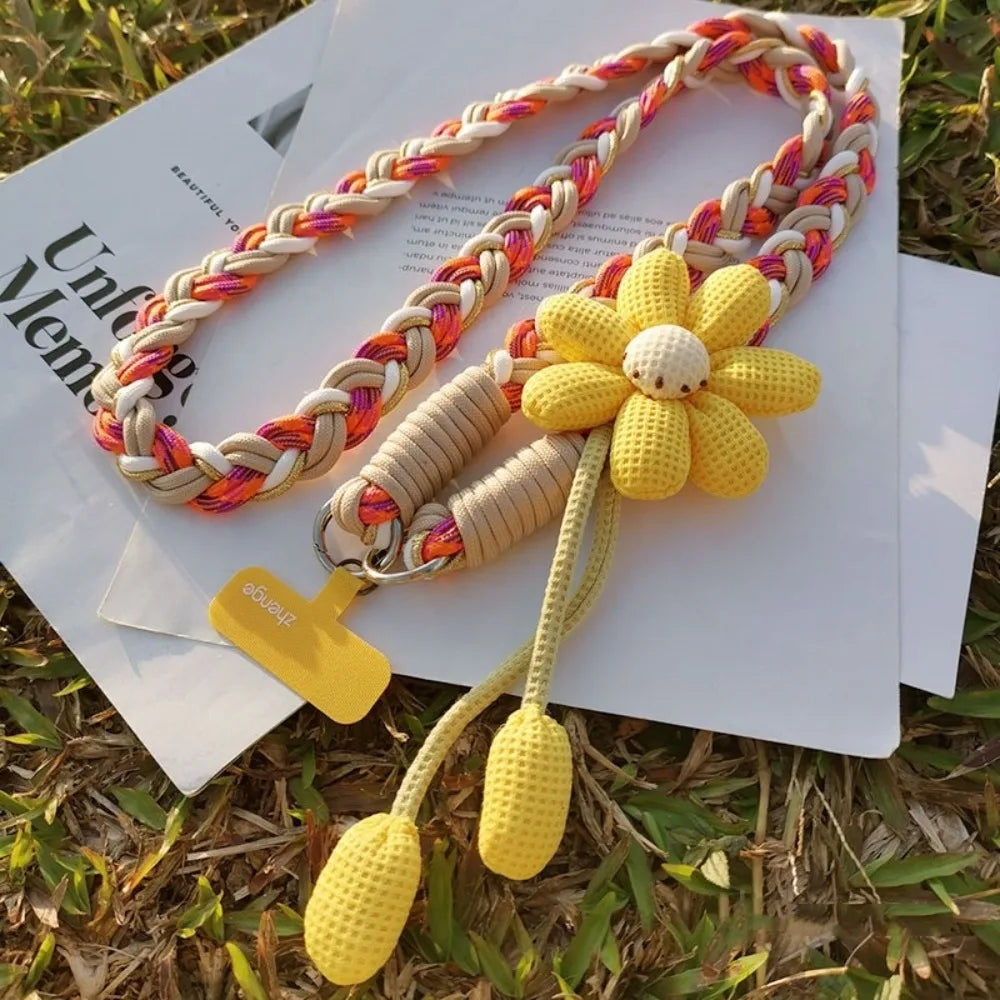 Detachable Flowers Phone Lanyard Crossbody Phone Charm Phone Woven Chain Neck Clip Long Cell Phone Strap Outdoor Activity