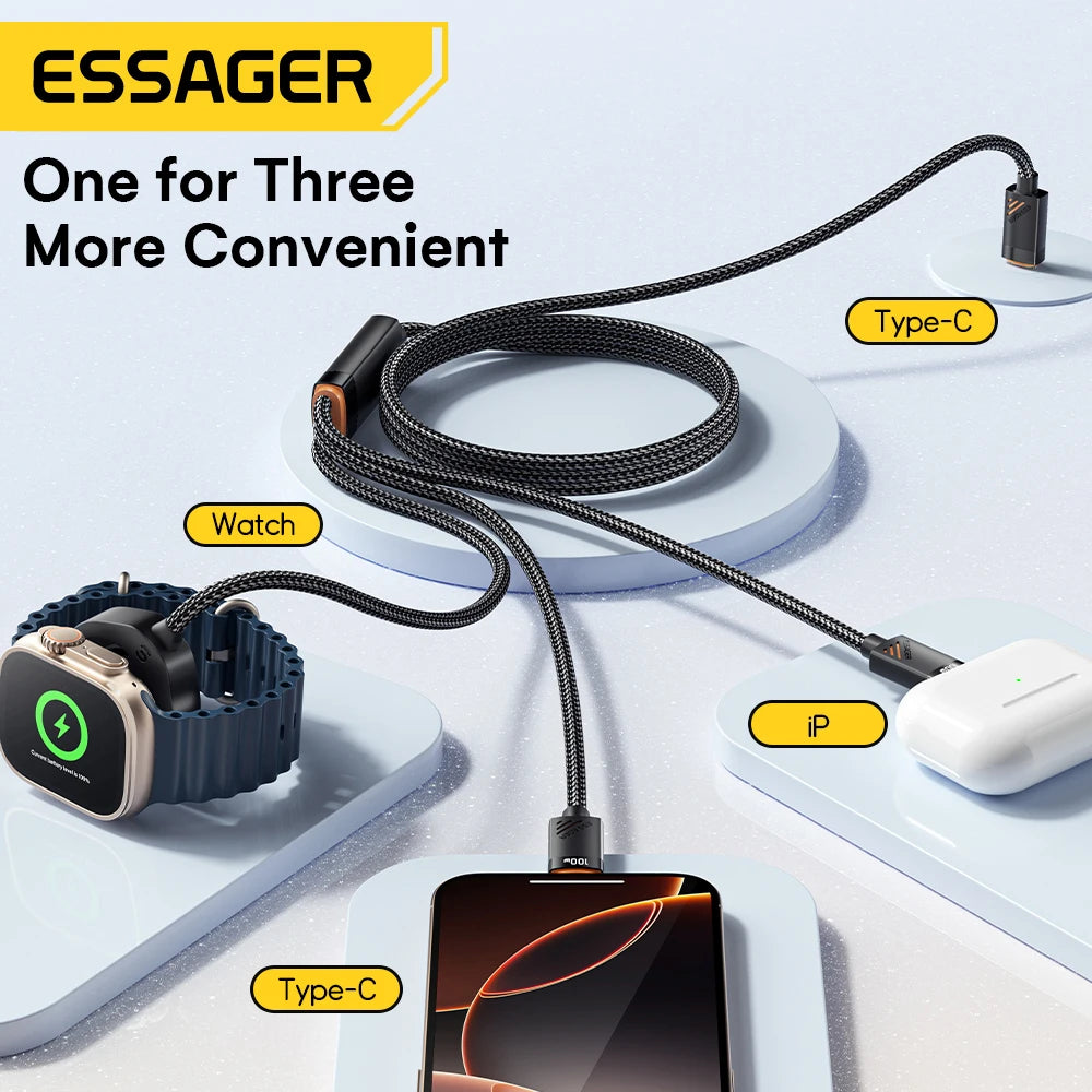 Essager 100W 3 in 1 USB C Charging Cable for Apple iWatch iPhone With Type C Lighting Multi-Charging Cable Magnetic Watch Charge
