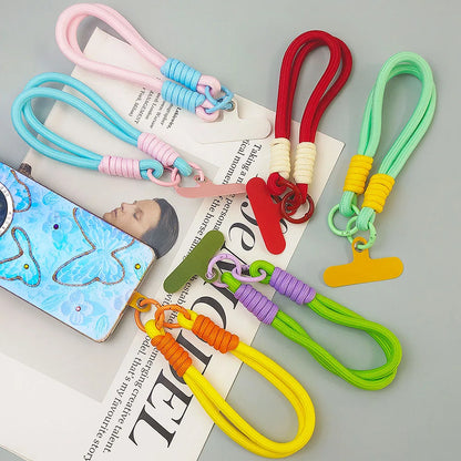 Colorful Two-tone Cellphone Braided Lanyard Keychain With Gasket Women Anti Lost Knot Rope Strap Keyrings  Car Key Trinket Gifts
