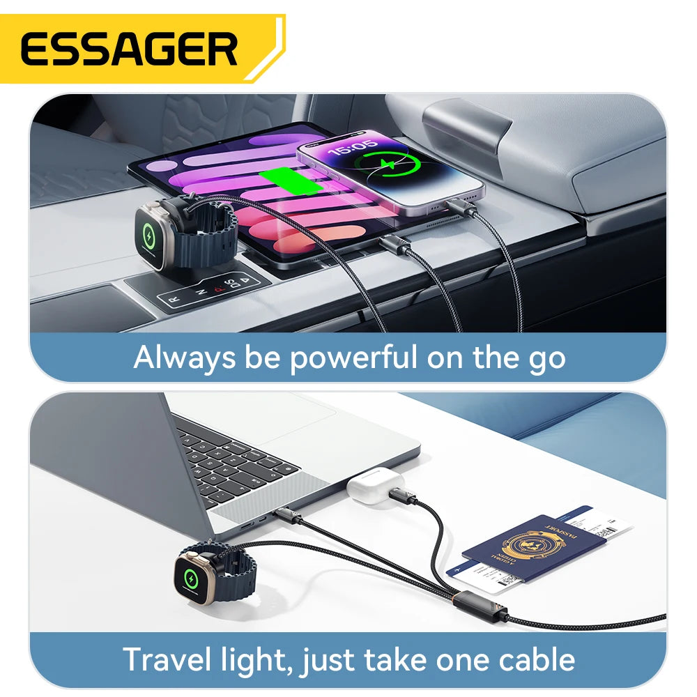 Essager 100W 3 in 1 USB C Charging Cable for Apple iWatch iPhone With Type C Lighting Multi-Charging Cable Magnetic Watch Charge