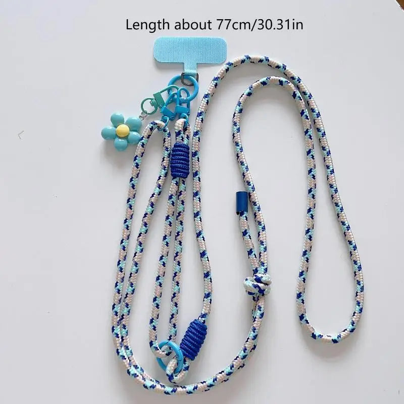 1Pc Nylon Phone Strap With Flower Pendant & Card Charms Colorful Long Phone Lanyard Detachable Anti Lost Phone Shoulder Strap