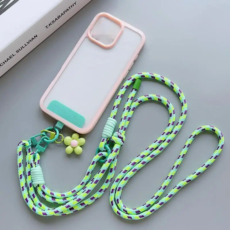 1Pc Nylon Phone Strap With Flower Pendant & Card Charms Colorful Long Phone Lanyard Detachable Anti Lost Phone Shoulder Strap