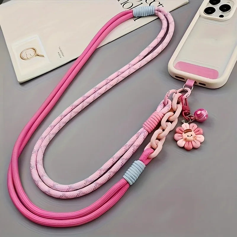 Fashion Colorful Phone Lanyard Crossbody Braided Rope Shoulder Strap Neck Multi-Functional Anti-Loss Strap With Flower Pendant