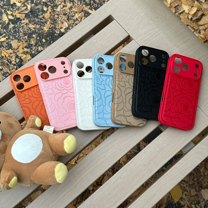 Camellia Flower Matte Leather Texture Phone Case For iPhone 17 Air 16 15 14 13 12 11 Plus Pro Max Shockproof Anti-Scratch Cover
