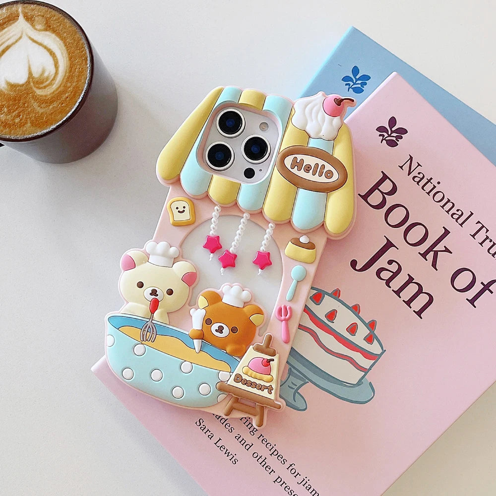 3D Cute Cartoon Bear in House,  Soft Silicone Phone Case For iPhone 12 13, 14 15, 16 17 promax, Back Cover Shell Skin Durable