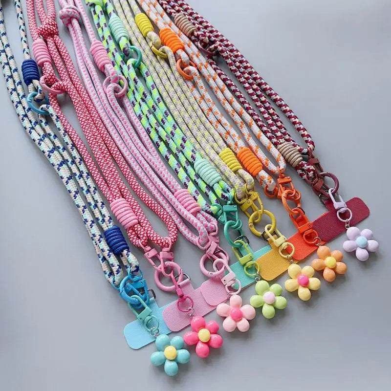 1Pc Nylon Phone Strap With Flower Pendant & Card Charms Colorful Long Phone Lanyard Detachable Anti Lost Phone Shoulder Strap
