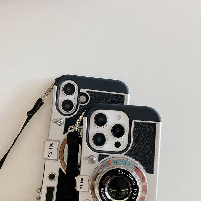 New Soft TPU+Hard PC Camera Shaped Lanyard Shockproof Phone Case For iPhone 16 Pro Max 14 11 12 13 15 Pro Max Bumper Back Cover