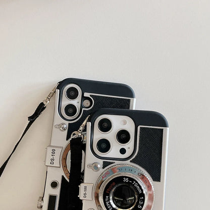 New Soft TPU+Hard PC Camera Shaped Lanyard Shockproof Phone Case For iPhone 16 Pro Max 14 11 12 13 15 Pro Max Bumper Back Cover