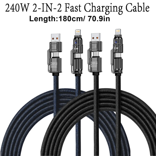 240W 4-in-1 Super Fast Charging Data Cable USB-C To Type-C Zinc Alloy Cable For Iphone Samsung Huawei Xiaomi Multi Port Multiple