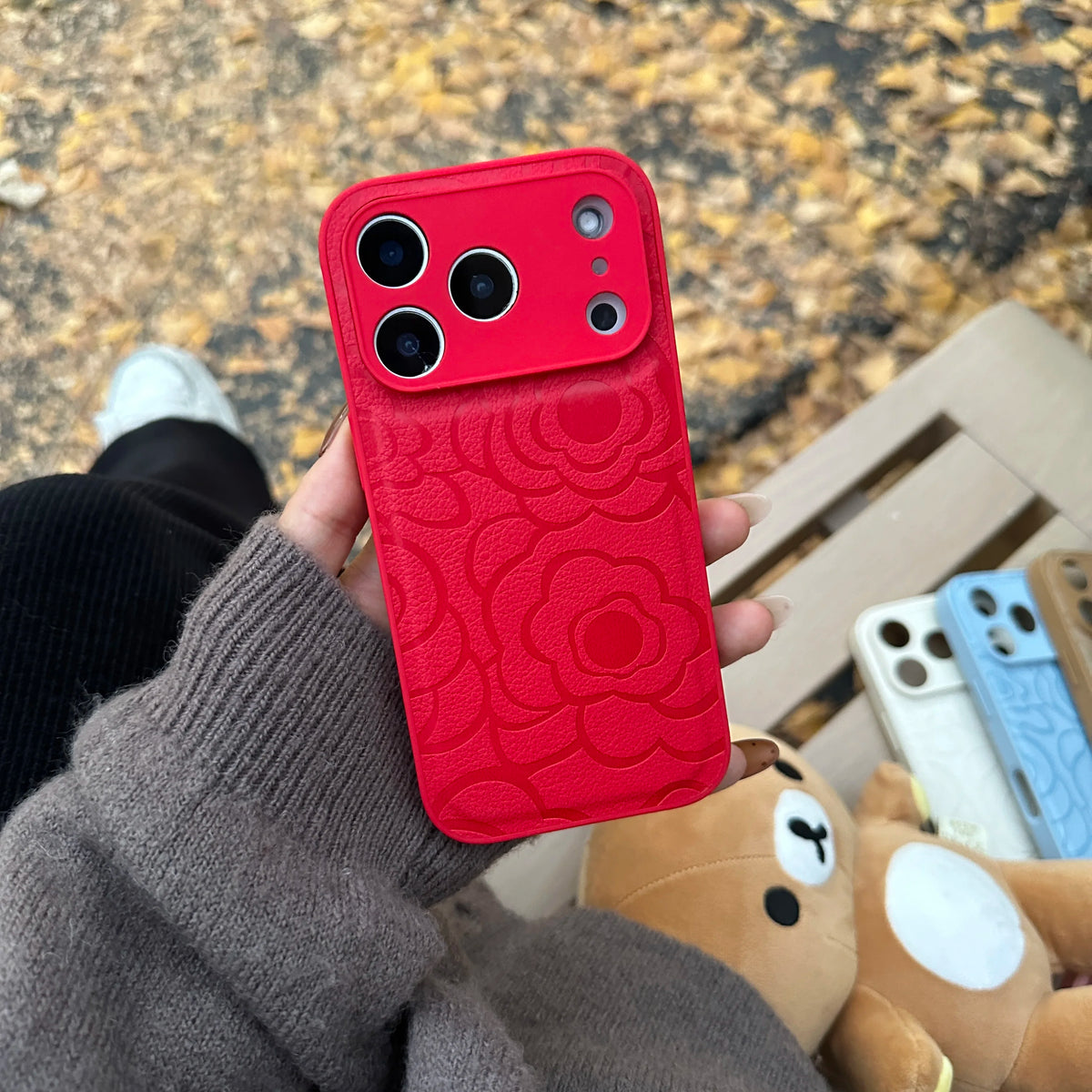 Camellia Flower Matte Leather Texture Phone Case For iPhone 17 Air 16 15 14 13 12 11 Plus Pro Max Shockproof Anti-Scratch Cover