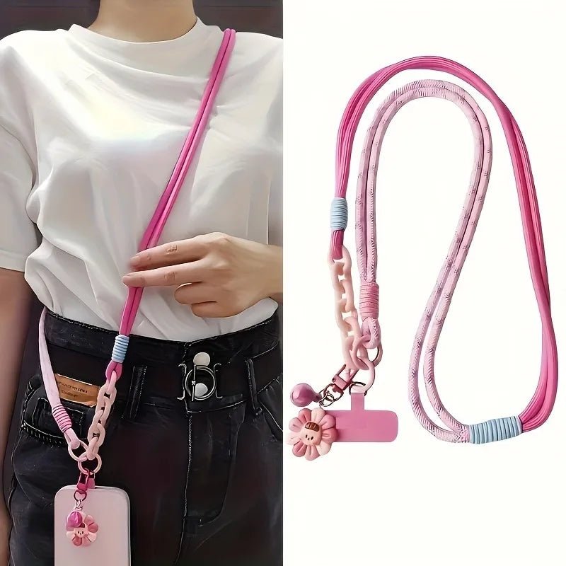 Fashion Colorful Phone Lanyard Crossbody Braided Rope Shoulder Strap Neck Multi-Functional Anti-Loss Strap With Flower Pendant