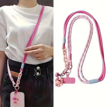 Fashion Colorful Phone Lanyard Crossbody Braided Rope Shoulder Strap Neck Multi-Functional Anti-Loss Strap With Flower Pendant