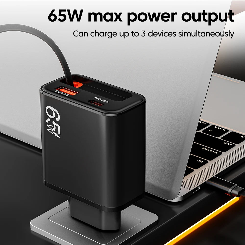 65W USB Phone Charger With Retractable Super Fast Charging Type C Cable For iPhone 17 16 POCO Xiaomi QC 3.0 USB PD Wall Charger