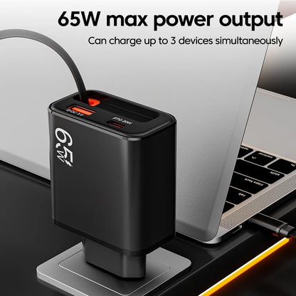 65W USB Phone Charger With Retractable Super Fast Charging Type C Cable For iPhone 17 16 POCO Xiaomi QC 3.0 USB PD Wall Charger