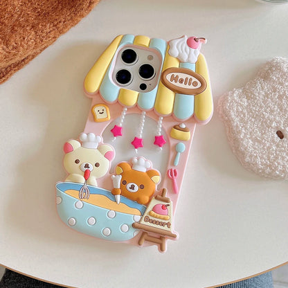 3D Cute Cartoon Bear in House,  Soft Silicone Phone Case For iPhone 12 13, 14 15, 16 17 promax, Back Cover Shell Skin Durable