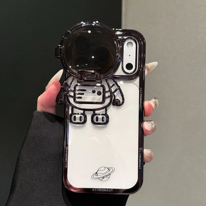 New Cartoon Astronaut Electroplated Phone Case For iPhone 17 16 15 14 13 12 Pro Max Plus Camera Protection Bracket Clear Cover