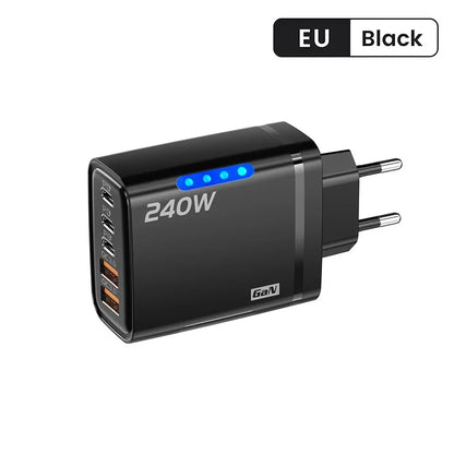 5 in 1 GaN USB C Desktop Charger 240W Fast Charge Phone Adapter 10A Type C Cable For iPhone Samsung Xiaomi EU/US/UK Plug Charger