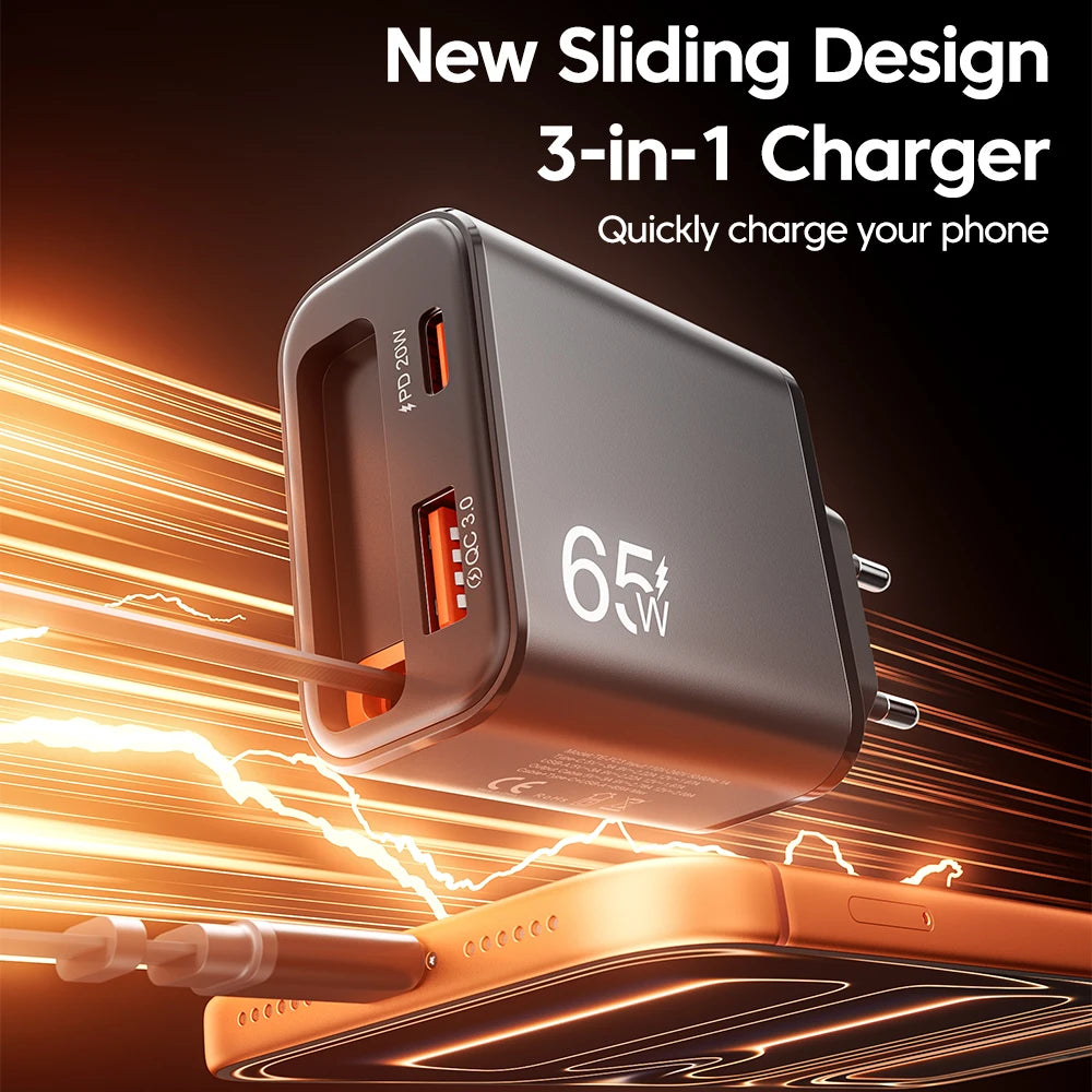 65W USB Phone Charger With Retractable Super Fast Charging Type C Cable For iPhone 17 16 POCO Xiaomi QC 3.0 USB PD Wall Charger