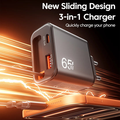 65W USB Phone Charger With Retractable Super Fast Charging Type C Cable For iPhone 17 16 POCO Xiaomi QC 3.0 USB PD Wall Charger
