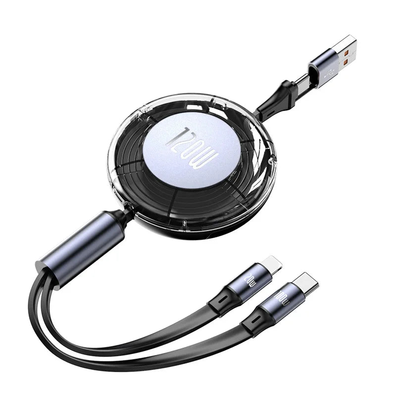 120W Retractable Fast Charging Cable,USB A/C To USB C/L Ports Multi Charger Cord for IPhone 17/16,Samsung Galaxy A17/S25