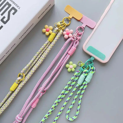 1Pc Nylon Phone Strap With Flower Pendant & Card Charms Colorful Long Phone Lanyard Detachable Anti Lost Phone Shoulder Strap