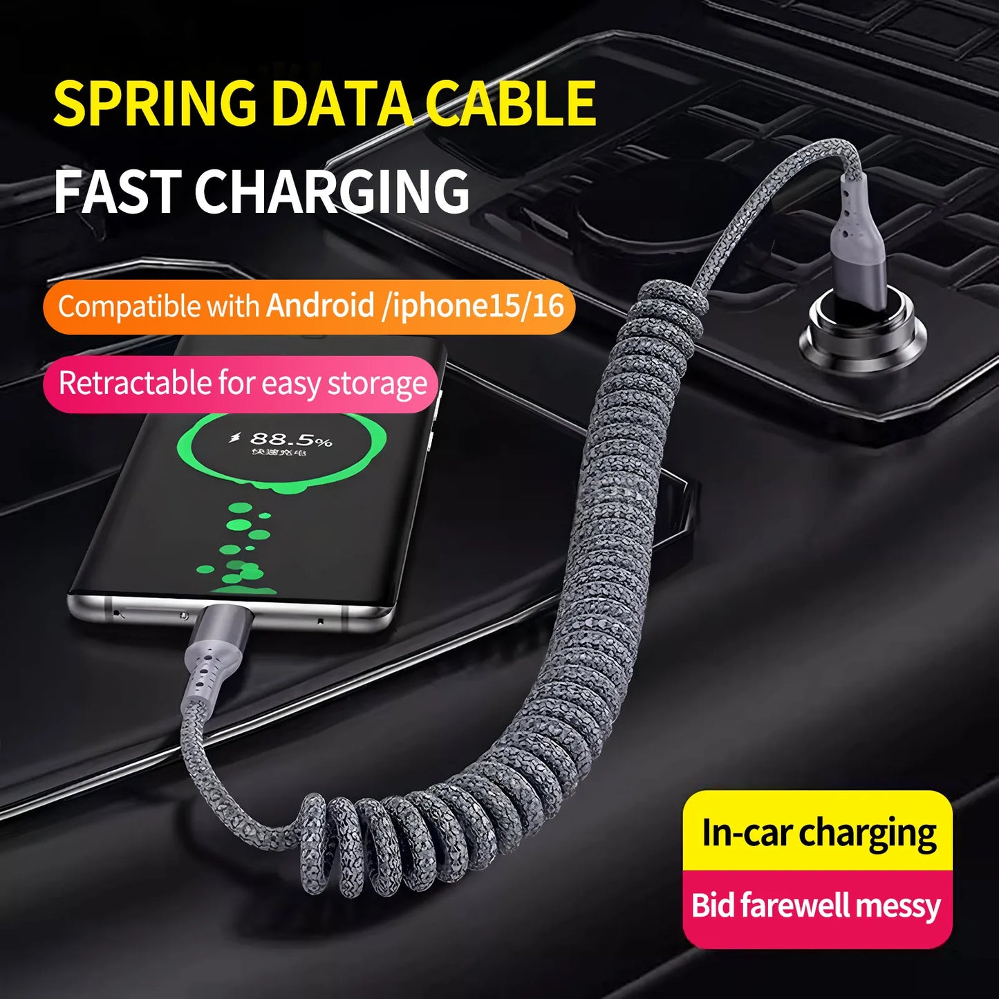 90 Degree Coiled USB-A to USB C Cable Stretchable Braided Fast Charging Charging Cord, Compatible with Samsung Galaxy，iPhone 16