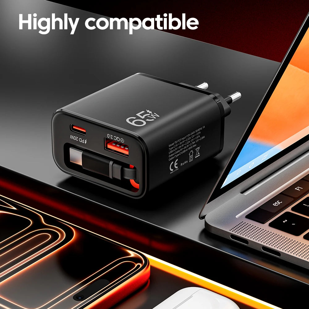 65W USB Phone Charger With Retractable Super Fast Charging Type C Cable For iPhone 17 16 POCO Xiaomi QC 3.0 USB PD Wall Charger