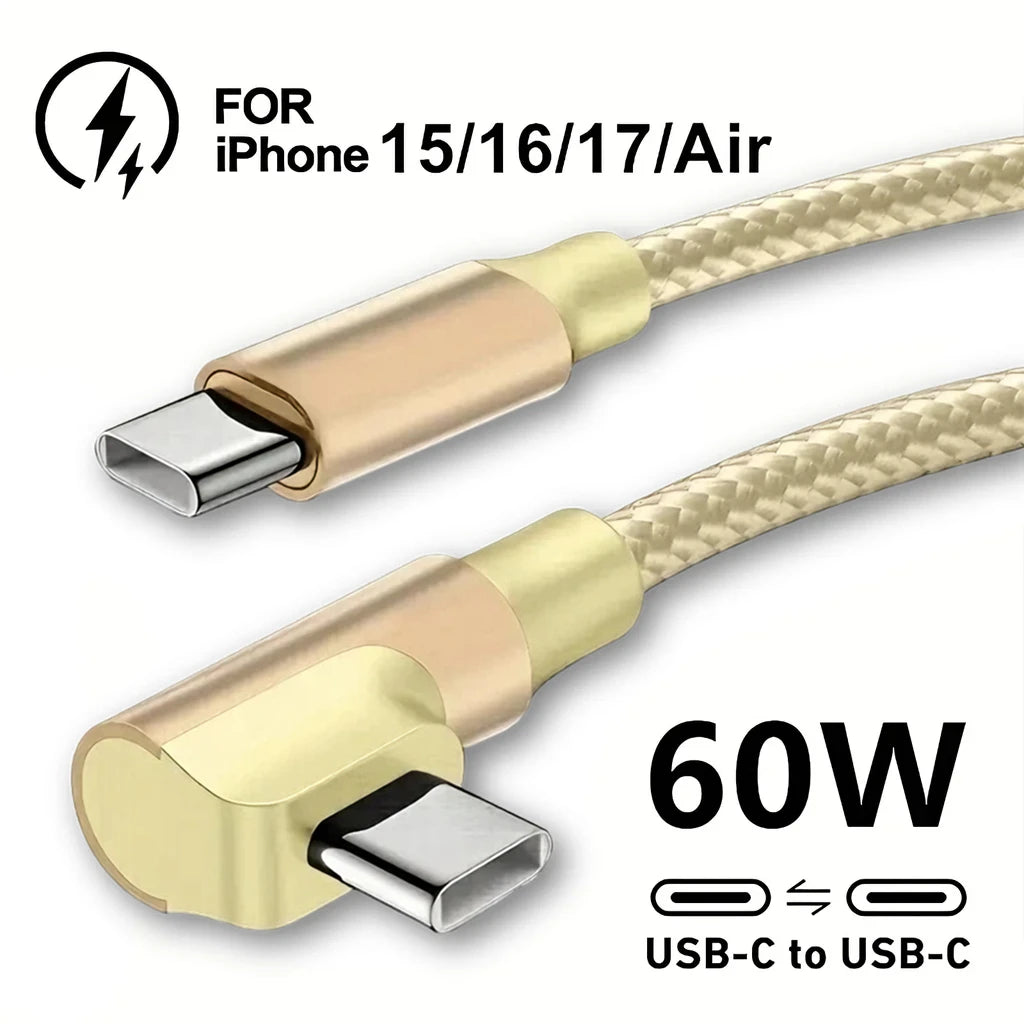 90 Degree Dual USB C Fast Charge Elbow Cable For iPhone 15 16 17 Pro Max Samsung Xiaomi Redmi POCO Type C Quick Charging Cables