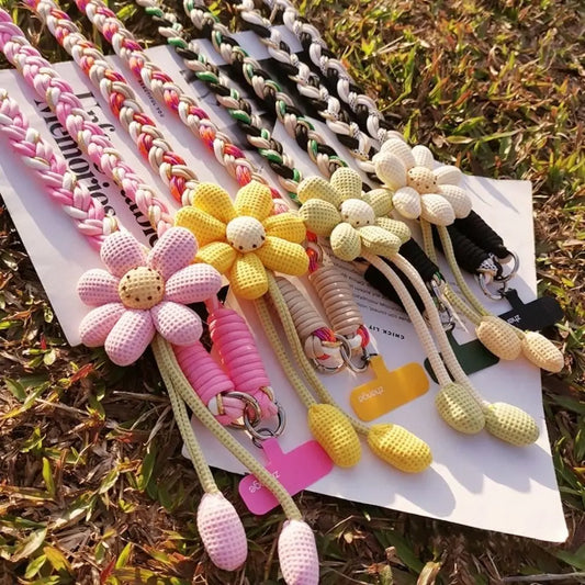 Detachable Flowers Phone Lanyard Crossbody Phone Charm Phone Woven Chain Neck Clip Long Cell Phone Strap Outdoor Activity