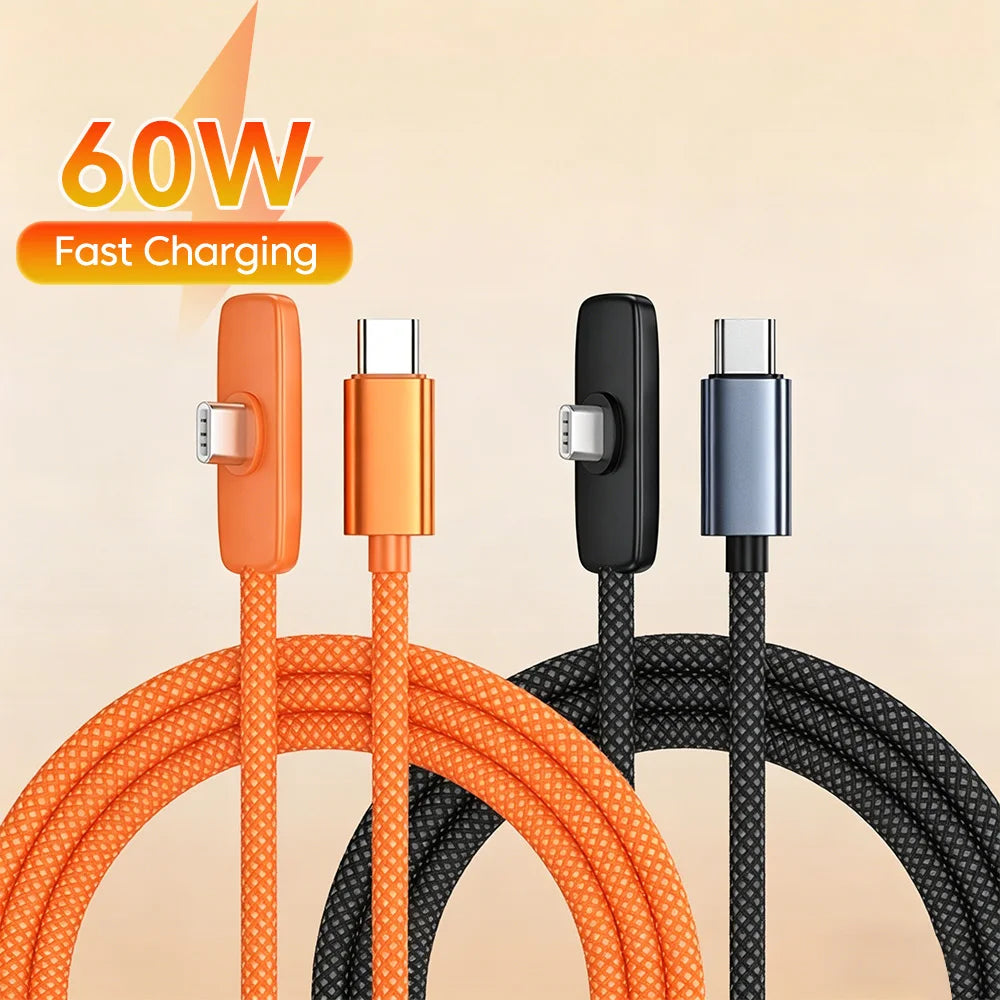 60w Dual Type-C Cable USB C to USB C Fast Charging Elbow Data Transmission Line For iPhone 15-17 Xiaomi Huawei Samsung Cellphone