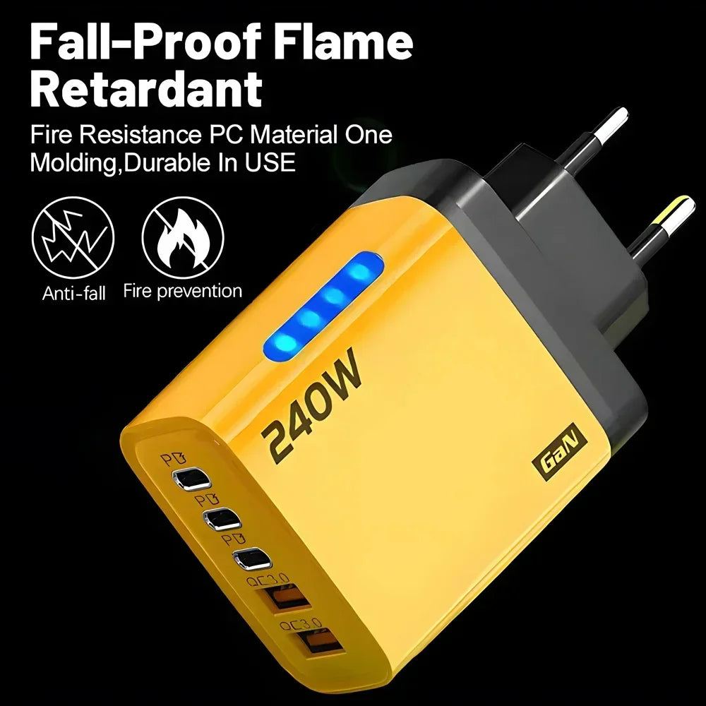 Multi-Port Fast Charger 240W 5 Ports USB C PD QC3.0 for iPhone Samsung Huawei Xiaomi Laptop Tablet Quick Charge Adapter