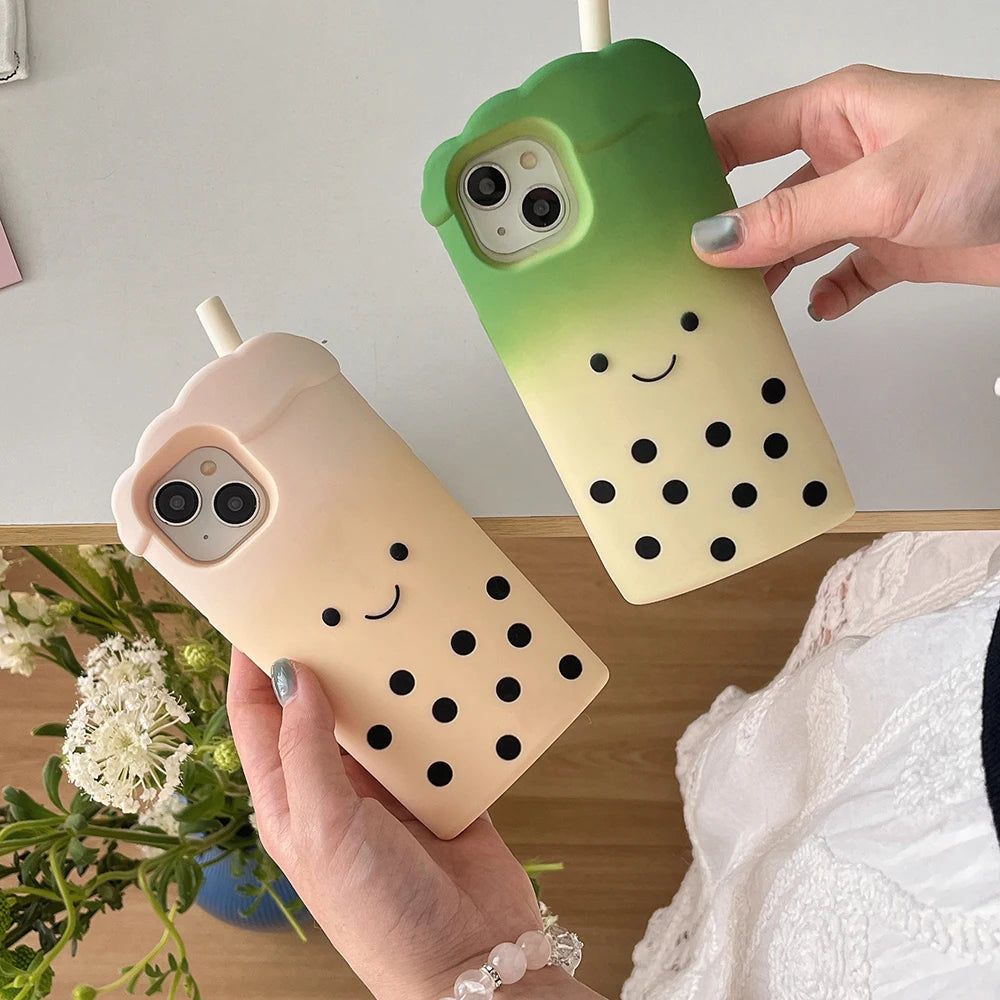 Cute 3D Smile Pearl Milk Tea Cup Phone Case for iPhone 16 Plus 16e 15 14 13 12 Pro Max Shock Proof Soft Silicone Back Cover